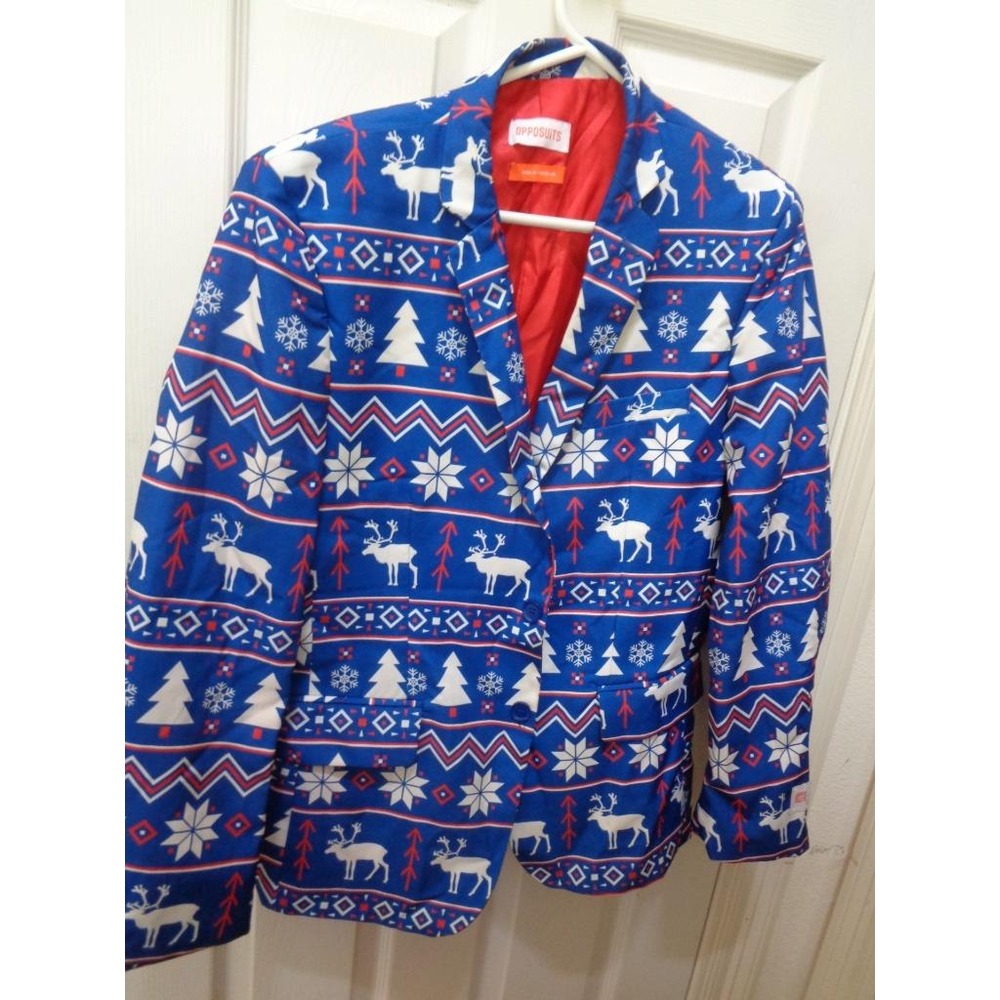 Opposuit Men's Christmas Blazer Jacket Red White Blue Reindeer Trees M 38-40